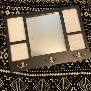 Mirror with 4 picture frames and 3 2-sided hooks